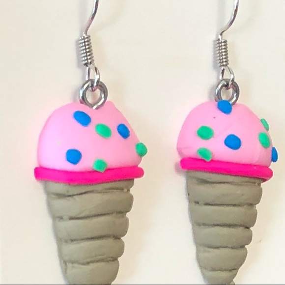 New Ice Cream Cone Fun Play Food Snow Cone Novelty Polymer Clay Dangle Earrings - Picture 3 of 3